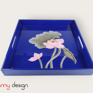 Blue square lacquer tray with lotus 35*35*H4cm